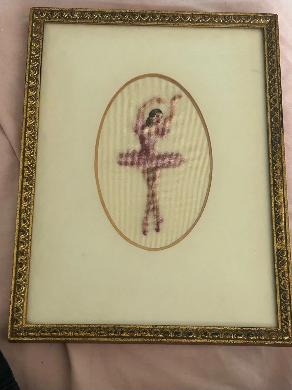 Pair of Vintage Ballerina needlepoint in GUMPS Gilt florentine frames,Blue&Pink